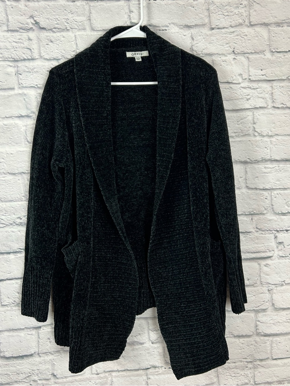 Orvis Cardigan Large Black Chenille Open Front Shawl Collar Long Sweater Pockets